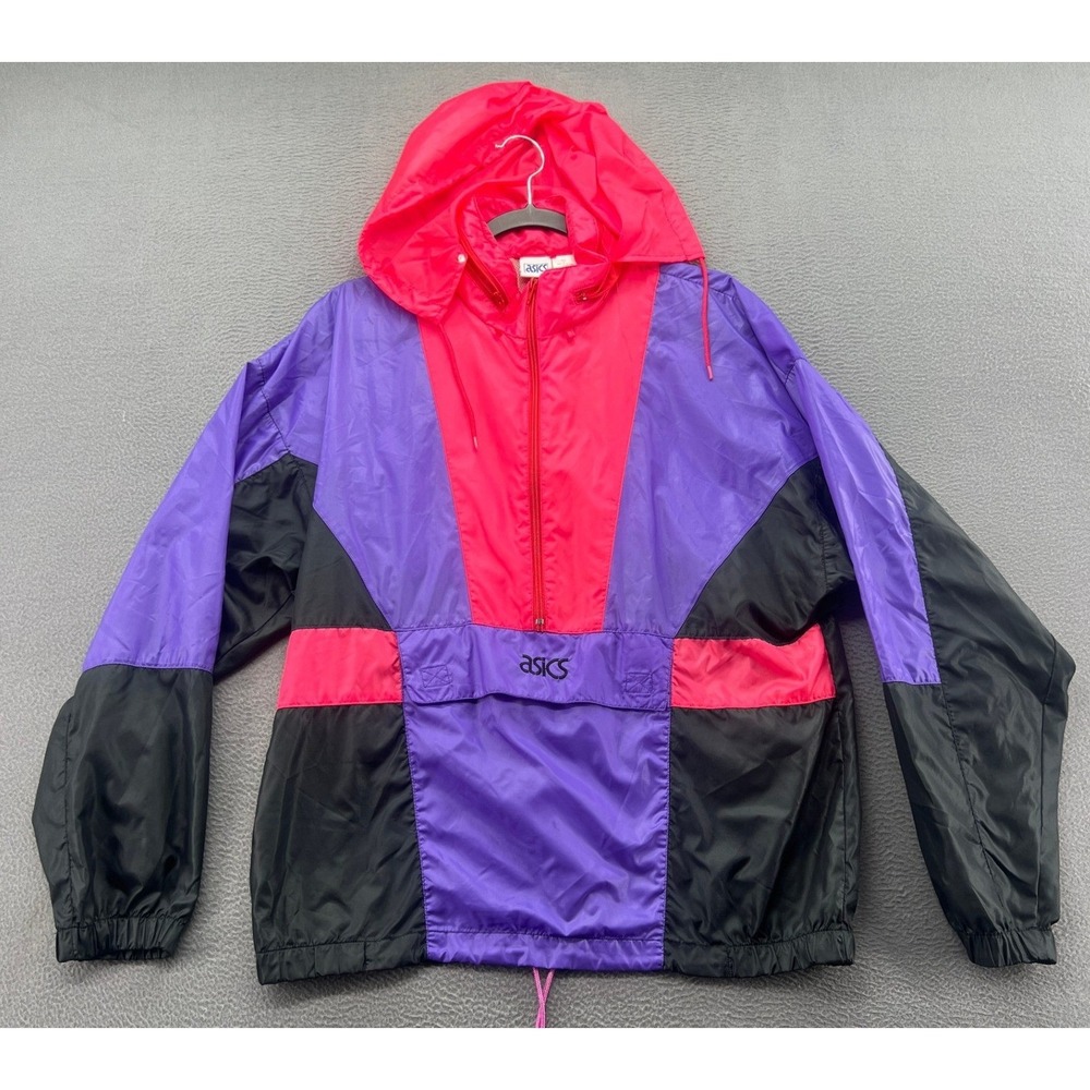 VTG Asics Windbreaker Womens  M Colorblock Pink Purple Black Half Zip